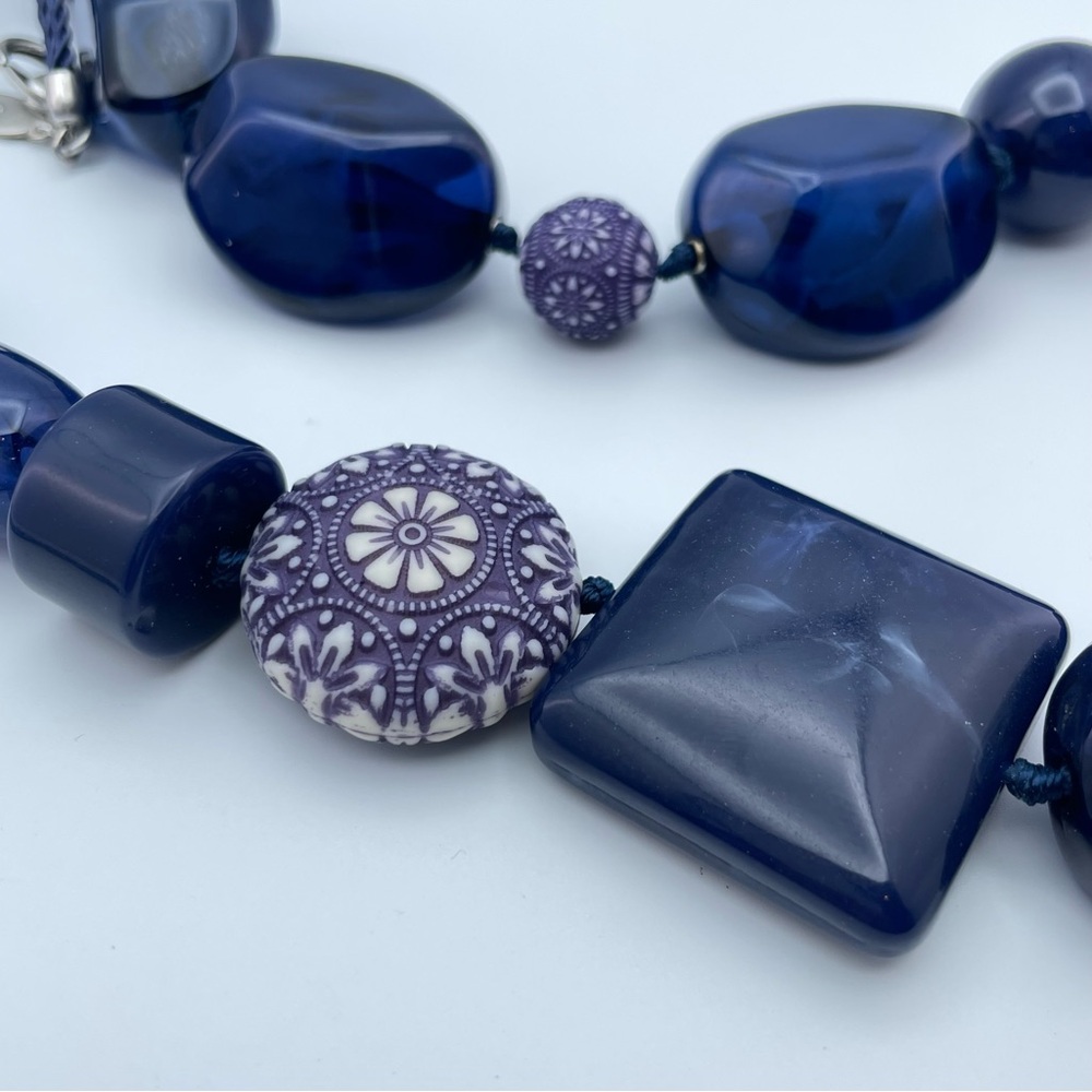 Chico’s Statement Necklace Blue Resin Beads Purple Floral Accents - Picture 6 of 7